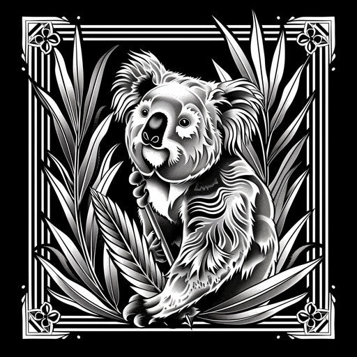 Flat tattoo sketch with art deco style featuring a koala in linear foliage