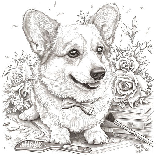 A corgi being groomed with a brush and bow