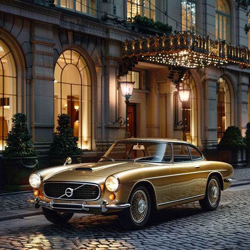 Luxury reimagined: a 1966 Volvo P1800 with gold trim and leather interior, parked outside a prestigious hotel.
