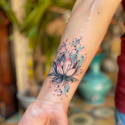 Sketch of a serene lotus flower with watercolor splashes for wrist coverup tattoo for women