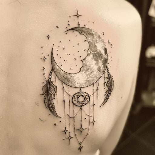 Surreal tattoo art of a moon transforming into a dreamcatcher with star beads