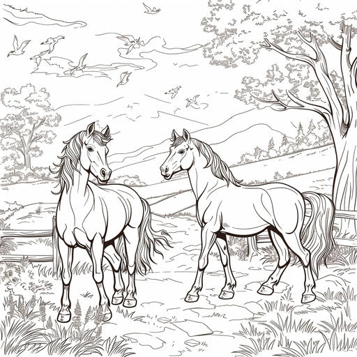 Horses playing in a pasture. Coloring book page