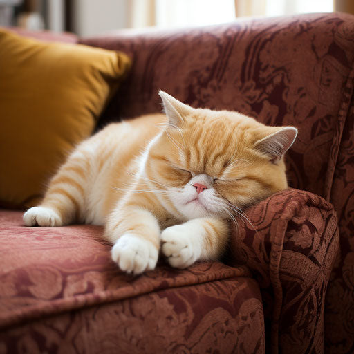 Exotic Shorthair cat sleeping on a couch