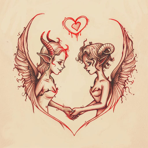 Romantic flat tattoo sketch of an angel and devil holding hands, outlined in red, heart motifs