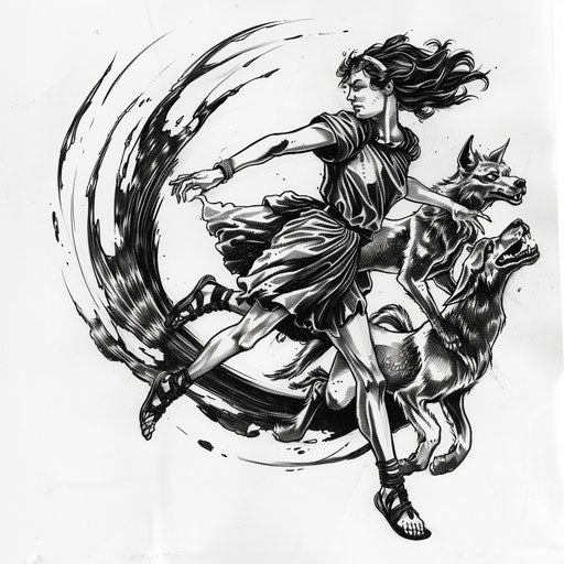 Dynamic flat tattoo sketch of Artemis leaping with her hounds