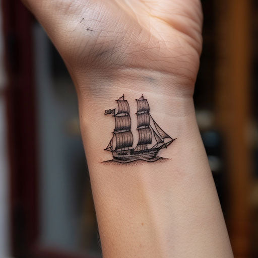 Small wrist tattoos of a pirate ship, Sailor Jerry style