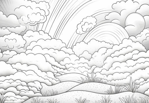 Rainbow coloring page with cloud in pleasing landscapes style