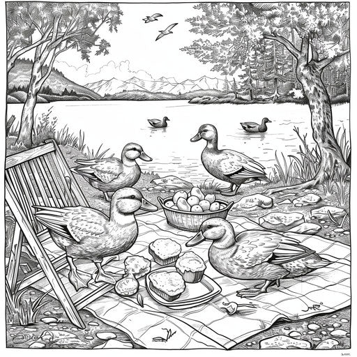 Ducks having a picnic by a lake