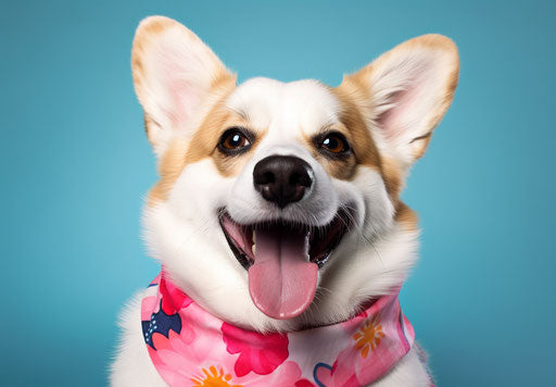 Happy white corgi with pink bandana on blue background