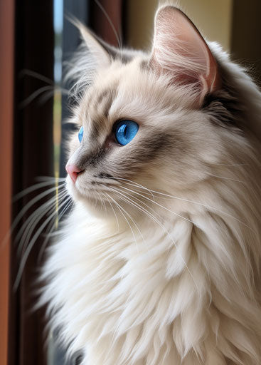 White and blue cat with blue eyes looking outside