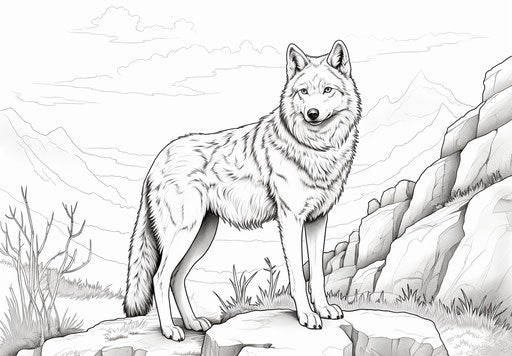 Coloring page of a wolf, in the style of 1860–1969