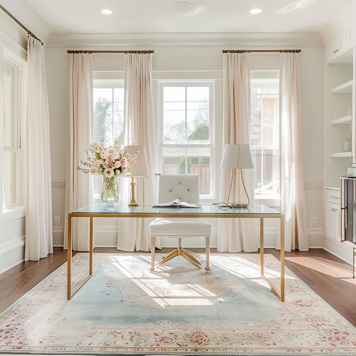 Bright and airy home office with sheer curtains and plush rug