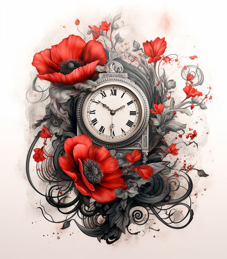 clock lace and red poppies portrait