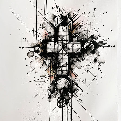 Edgy tattoo sketch of a cross stitch with street art influence and bold ink spots