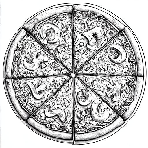 Victorian pizza illustration with intricate designs in the style of Mark Schultz, coloring book page