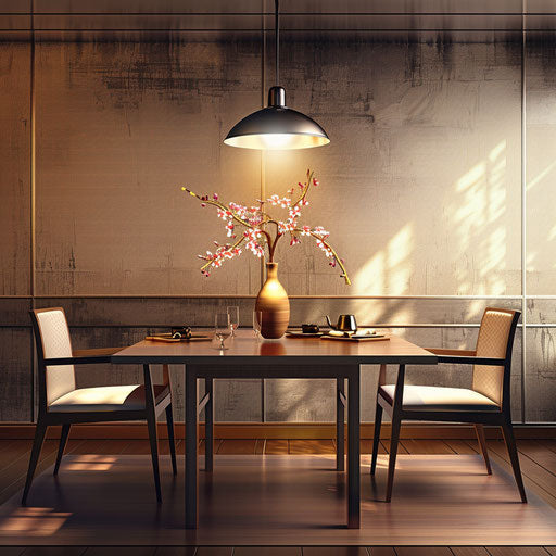 Realistic dining room with random metallic background