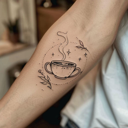 Flat tattoo sketch of a steaming coffee cup