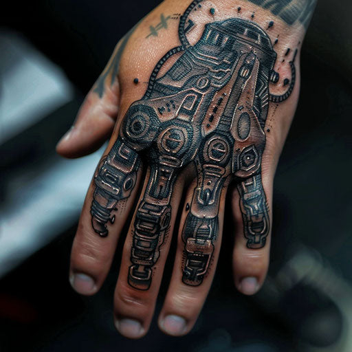 Finger tattoo with small biomechanical elements