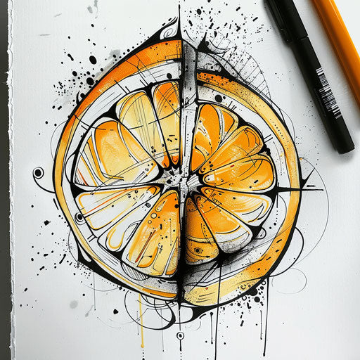 Stylized tattoo sketch of a lemon cut in half