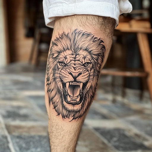 Knee tattoos for men depicting a powerful lion's face roaring, in the style of Steve McNiven