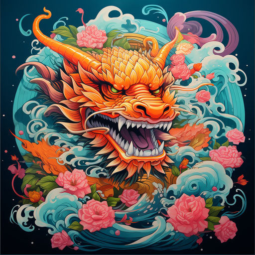 Chinese dragon and lotus flower poster, graffiti-inspired animals, vibrant neo-traditional