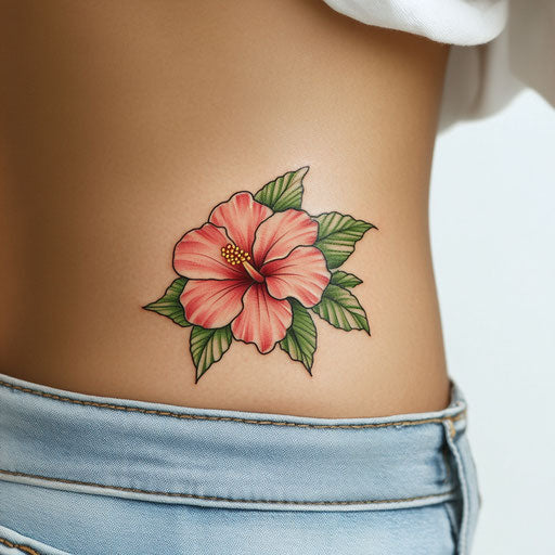 Hibiscus flower tattoo on a Pure White Background in the style of Steve McNiven on a ribcage