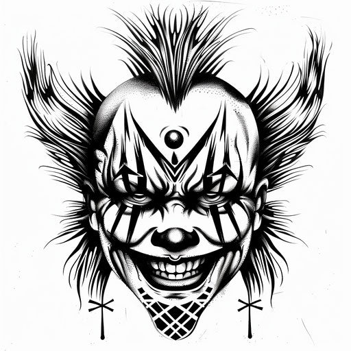 Tribal clown tattoo, bold patterns on white background