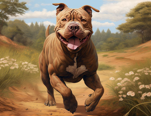 Adult pit bull running on a grassy field