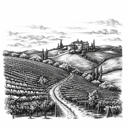 Black and white ink tattoo of an Italian vineyard