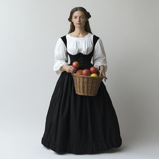Pilgrim woman attire, black and white dress with long sleeves and skirt, solid background, holding an apple or a food basket on shoulder, full-body shot.