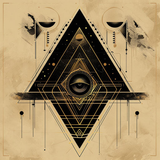 Elegant sketch of a pyramid with art deco elements, in gold and black