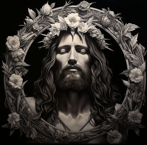 Jesus and a crown of roses, black and white drawing style