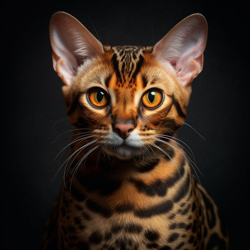 Bengal cat in light orange and light maroon, massurrealism, polka dot madness, light gold and dark brown, delicate markings, lush detailing