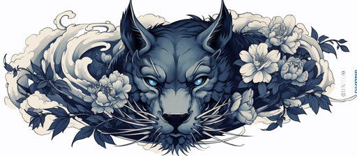 Black and white dragon head with flowers, feline motif style