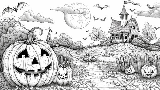 Halloween coloring pages with pumpkins and jack o'lanterns, lush landscape style