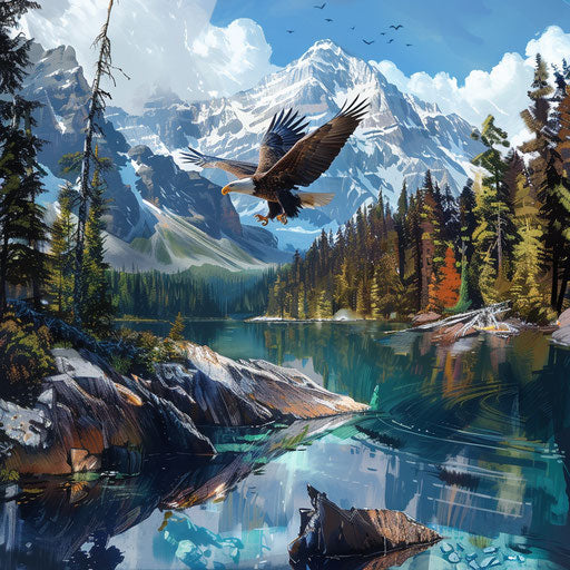 Bald eagle attacking prey in alpine lake