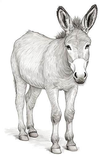 The donkey stands with head down, coloring pages