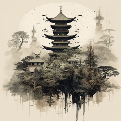 Japanese hat, trees and pagoda, techno-organic style