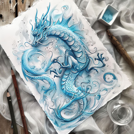 Fantasy water tattoo drawing of a mythical water dragon