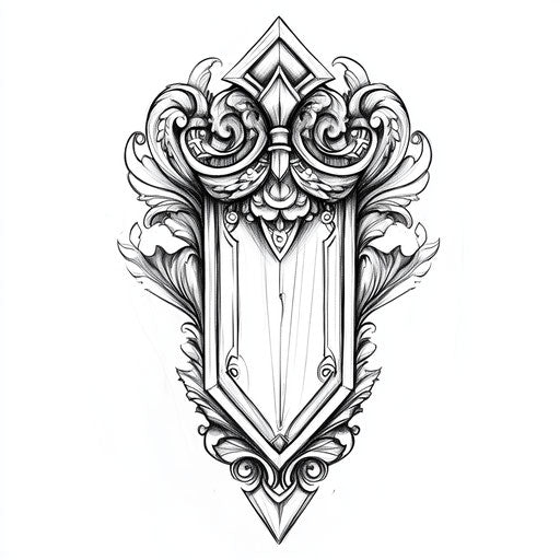 Viking sleeve tattoo sketch with shield and carvings