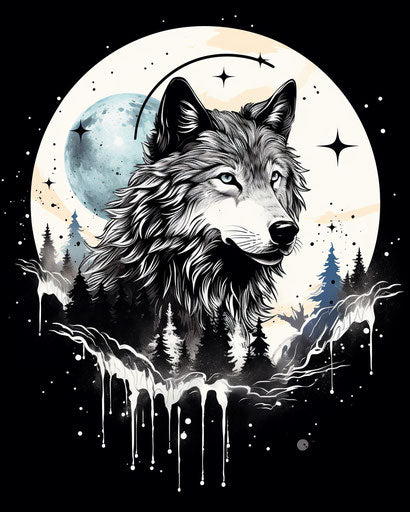Black and white drawing of the wolf on the moon with tattoos