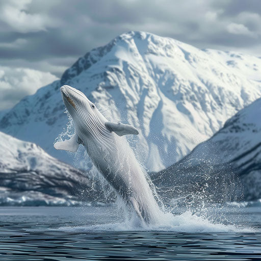 Beluga whale breaching, snowy mountain backdrop