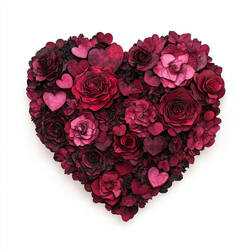 Composition of red roses and hearts in heart shape