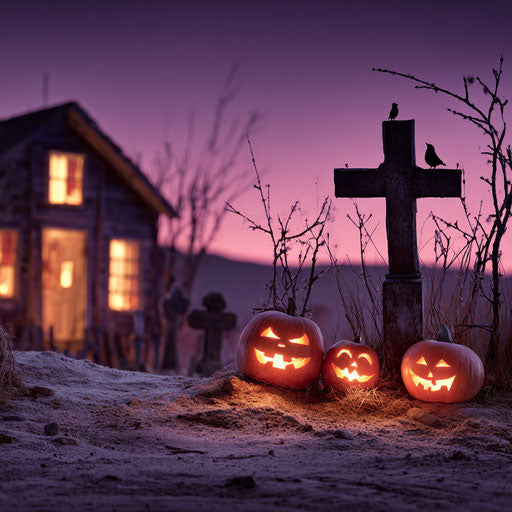 Glowing pumpkins and a cross in a mysterious landscape