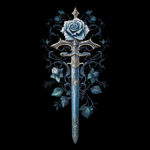 Sword and rose, dark azure and white, lith printing, medieval fantasy