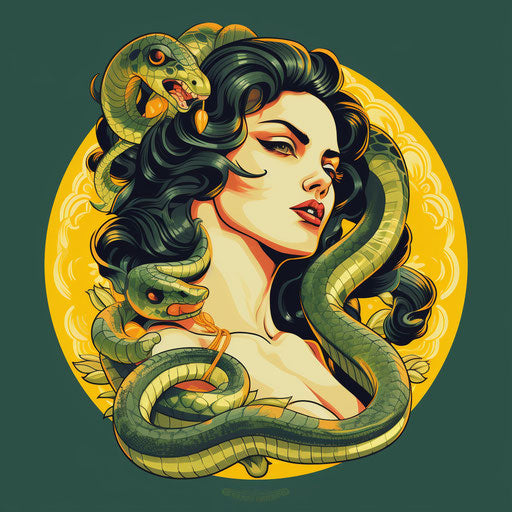 Snake with woman's face, classic tattoo style, yellow and green