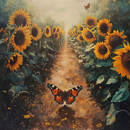 Red admiral butterfly in a field of sunflowers