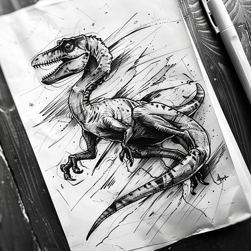 Detailed sketch of a hunting velociraptor in dynamic pose