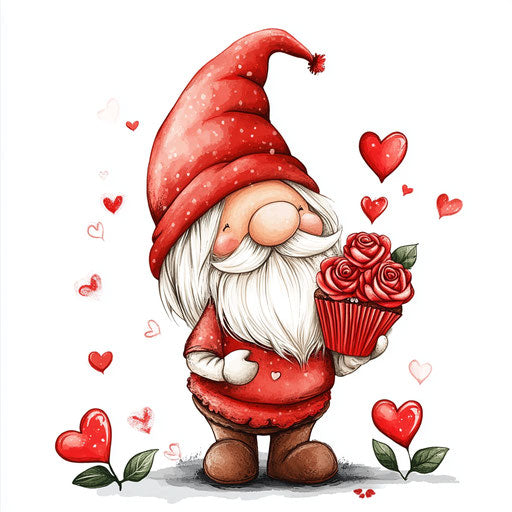 Valentine's Day gnome with roses and hearts, holding a red cupcake on white background