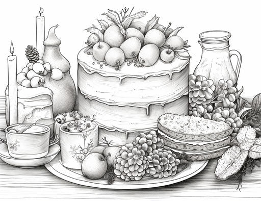 Coloring pages with pictures of food and drinks in festive style